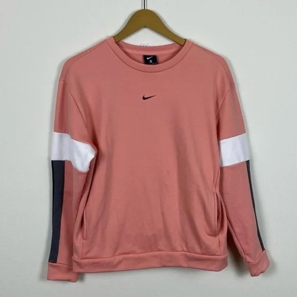 Nike Sweaters - NIKE • Rare Pink Fleece Long Sleeve Crewneck Size Small White Banded Sleeves